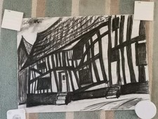 Colin Moss. Original Charcoal On Paper Artwork Of A Timber-Framed House.