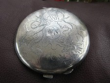 Solid Silver Chinese Powder Compact, Dragon Design, Large, HM