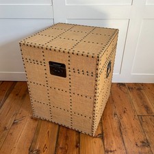 Large Hessian Storage Chest Trunk Box Beige Gold Studs Metal Handles Ottoman