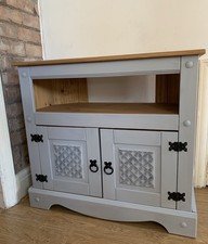 Pine Tv Unit Cabinet Grey Hand Painted Wood Storage Cupboard Upcycled Art Deco