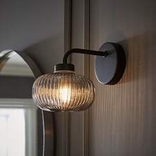 Matt Black Wall Light Fitting Bathroom Lights IP44 Smoked Ribbed Glass Lampshade
