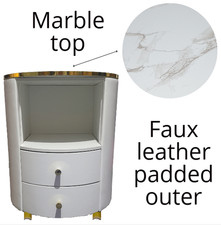 Round Bedroom Nightstand Bedside Table 2 solid drawers Marble top faux leather