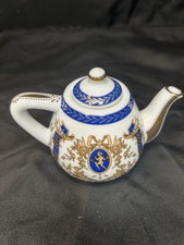 Vintage Miniature Teapot Porcelain Art Blue White Gold Decorative 
