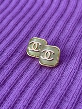 Authentic CC Channel Stud Earrings Gold Tone