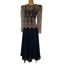 Vintage Gina Bacconi dress size 12 black lace gold embroidered long sleeves Gown