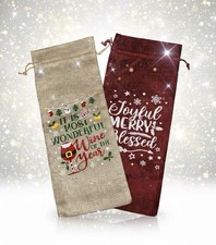 Christmas wine bottle gift bags Hessian NATURAL OR RED with string & tag