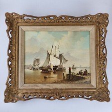 Robert Hersey Signed Oil On Panel Harbour Scene With Ships