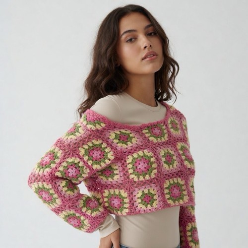 Sweater crochet pink green - sweater,