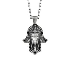 Elephant Hamsa in Oxidized Sterling Silver Necklace for Protection Gift