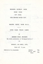 Maesteg Celtic Youth v South Wales Police Cadets 4 Apr 1978 RUGBY PROGRAMME