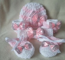 Hand knitted Romany Bling baby girl booties/Crochet/hat/mittens/headband.newborn