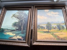 Vintage Pair framed scenery picture prints Cottage Frame No signature Trees Hay