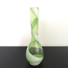 Vintage Japanese Art Glass Lime Green / White Swirl Vase 21cm high