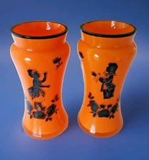Vintage 1930s Bohemian Czech 2 Orange Tango Glass Vases Silhouette Cameo 