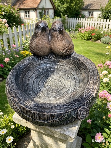 Birds log garden bird bath - on,
