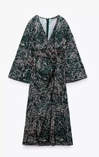 ZARA GREEN MULTI SATIN PRINTED MIDI WRAP STYLE DRESS WITH FRONT TIE SIZE M