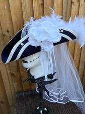 Blue White Wool Tricorn Pirate Hat Renaissance Lace Feathers Veil 57cm (24)