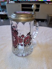 Vtg BMF Painted Glass Beer Stein Mug Pewter Horn Zinn Lidded Tankard W Germany