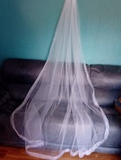 white veil single tier chapel length with comb ribbon edge V7