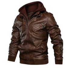 Men’s Brown Leather Biker Jacket with Hood Motorcycle Coat Slim Fit Casual 