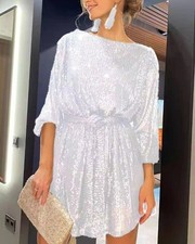 Women Sparkle Glitter Mini Dress Long Sleeve Crew Neck Loose Sexy Party Dresses