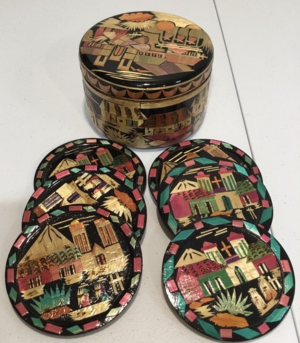 Six wooden coasters inlayed - wooden,