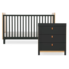 Baby Cot Bed & Dresser Set - Oak & Black Rafi 2Pc Modern Nursery Furniture