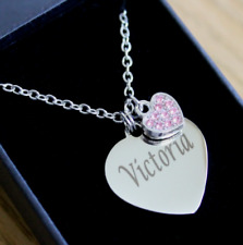 Personalised ENGRAVED Necklace Pink Rhinestone Charm Jewellery Birthday Gifts