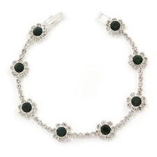Emerald Green/ Clear Swarovski Crystal Floral Bracelet In Rhodium Plated Metal