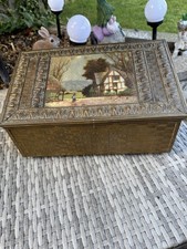 Vintage small wooden chest, embossed metal lid, cottage scene casket box