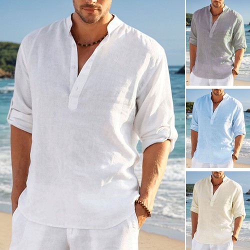 Men cotton linen shirts button - linen,