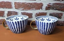 Quirky Wonky Aphorism Mug Blue & White Gold Handle X 2 