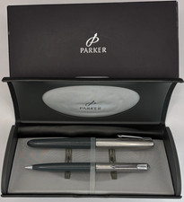Parker 51 Stainless Steel CT Fountain Pen & Pencil Writing Set Boxed Vintage