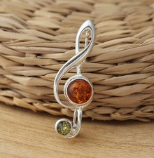 Baltic Amber 925 Sterling Silver Treble Clef Music Note Brooch Pin Gift Boxed