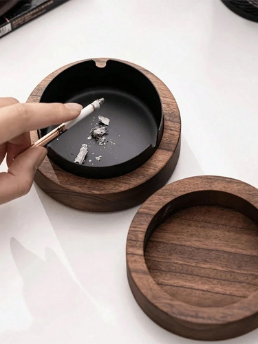 Wooden ashtray with - wooden, lid