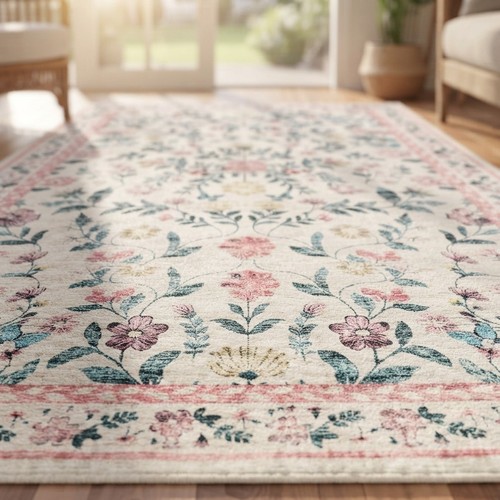 Distressed pink floral rug - distressed,