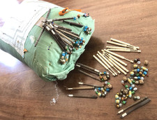 Vintage Antique Lace Making Pillow wood Bone Bobbins some spangles