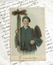 Antique Victorian Happy New Year Greetings Card, Chimney Sweep Boy with Brushes