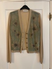 Valentino - Beige with Blue floral detail, Silk Cardigan, Size Large