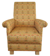 William Morris Strawberry Thief Fabric Adult Armchair Chair Ochre Navy Red Birds