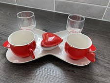Vintage 1940's -50's Romantic Breakfast Set Ceramic cups, glasses lidded dish.