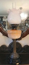 Antique Oil Lamp Acid Peach Font Acid  Glass Frilled Shade Duplex Burner