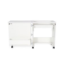 Compact White Sewing Machine Cabinet with Lift Mechanism