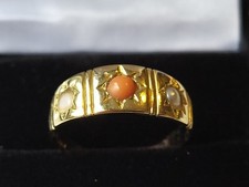 Edwardian 15ct Gold Coral & Seed Pearl Gypsy Ring Size M
