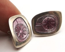 Sterling silver and pale pink enamel stud earrings with flower design  by Ortak