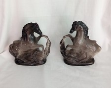 Vintage Mid Century Pair Of Ceramic Rearing Horse statues 7" Grey Black