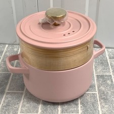 Table Matters Ceramic Pot With Lid & Steamer Basket Pink Oven Microwave New