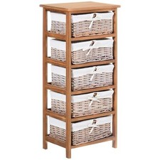 HOMCOM 5 Drawer Wicker Basket Storage Shelf Unit Wooden Frame Home Natural