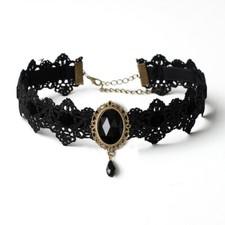 Goth Black Lace Victorian Style Choker Necklace with Single Black Crystal
