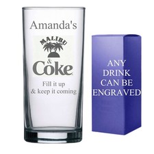 Personalised Engraved Hi ball mixer spirit MALIBU COKE glass